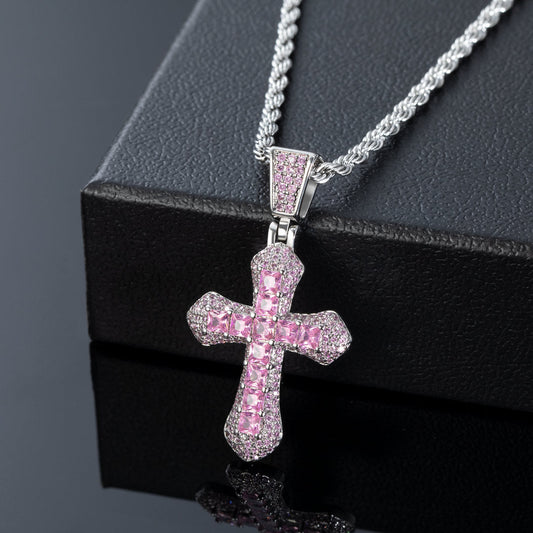 Iced Pink Princess Cut Cross Pendant